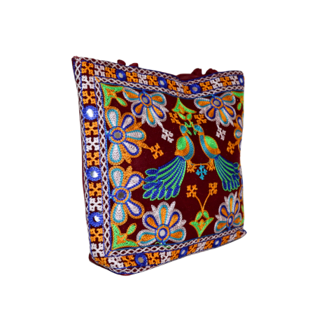 Hand Crafted Cotton & Mirror Work Handbag in Embroidered Floral Design